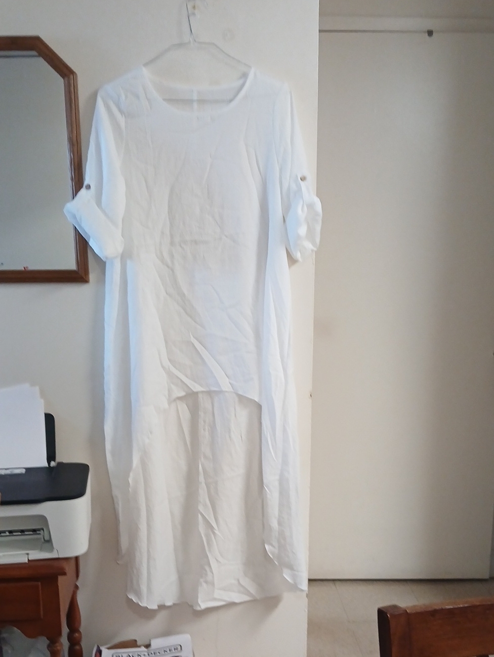 White High-Low Roll-Sleeve Tunic Dress